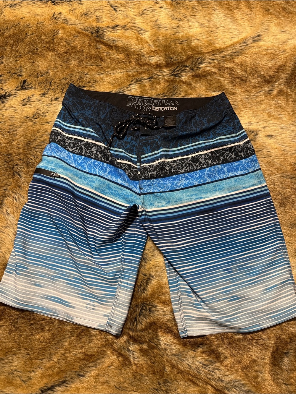Men's Blue Striped Swim Board Shorts with Drawstring Waist